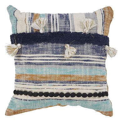 HomeRoots 18" Blue and Beige Throw Pillow with Tassels