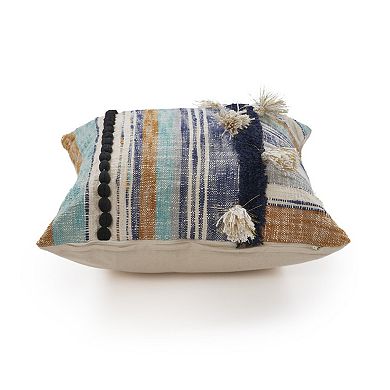 HomeRoots 18" Blue and Beige Throw Pillow with Tassels