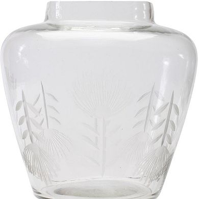 HomeRoots 7" Clear Etched Leaf Glass Urn Table Vase