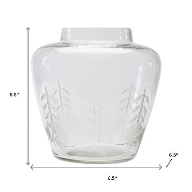 HomeRoots 7" Clear Etched Leaf Glass Urn Table Vase