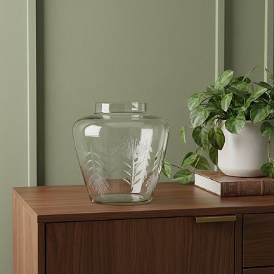 HomeRoots 7" Clear Etched Leaf Glass Urn Table Vase