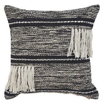 HomeRoots 18" Black and Off White Throw Pillow with Fringe