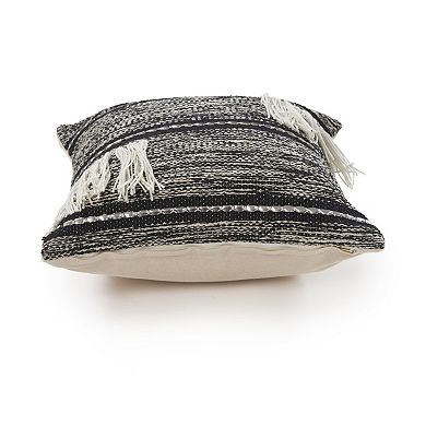 HomeRoots 18" Black and Off White Throw Pillow with Fringe
