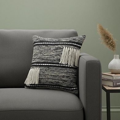 HomeRoots 18" Black and Off White Throw Pillow with Fringe