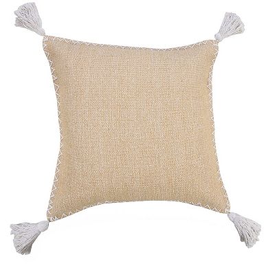 HomeRoots 20" Brown and White Throw Pillow with Embroidery and Tassels