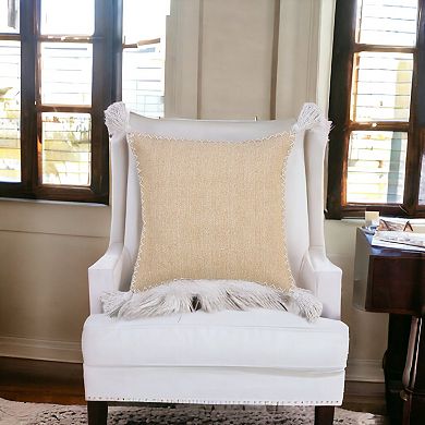 HomeRoots 20" Brown and White Throw Pillow with Embroidery and Tassels