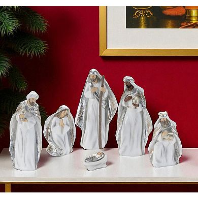 HomeRoots Set of Six White And Silver Resin Christmas Nativity Figurines