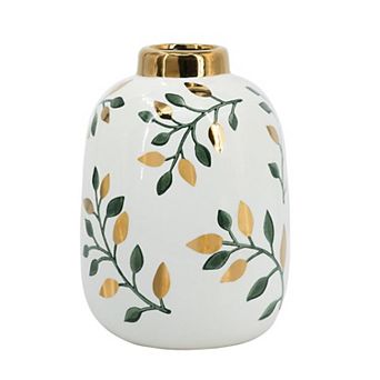 HomeRoots 9" White Green And Gold Leaf Round Ceramic Table Vase