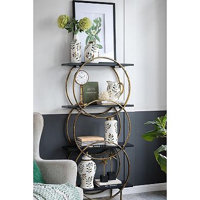 HomeRoots 9" White Green And Gold Leaf Round Ceramic Table Vase