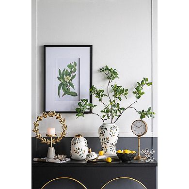 HomeRoots 9" White Green And Gold Leaf Round Ceramic Table Vase