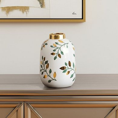 HomeRoots 9" White Green And Gold Leaf Round Ceramic Table Vase