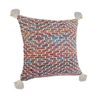 HomeRoots 20" Red Blue And Natural Geometric Polyester Blend Throw Pillow Cover with Tassels