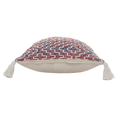 HomeRoots 20" Red Blue And Natural Geometric Polyester Blend Throw Pillow Cover with Tassels