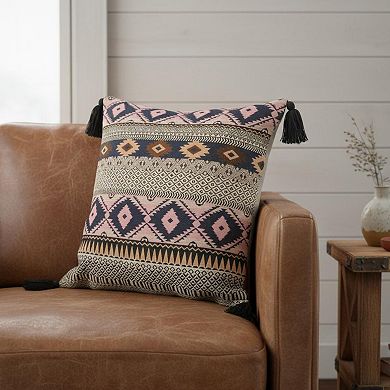 HomeRoots 20" Black and Yellow Throw Pillow with Tassels