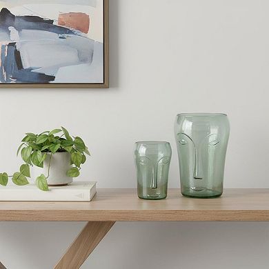 HomeRoots Set of Two Light Green Glass Modern Abstract Faces Table Vases