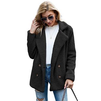 Womens Sherpa Lapel Fleece Jacket Long Sleeve Faux-Fur Coat Fuzzy Button Outwear with Pockets