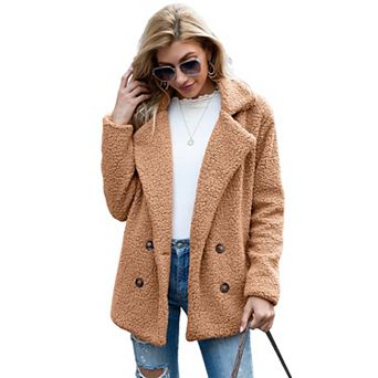 Womens Sherpa Lapel Fleece Jacket Long Sleeve Faux-Fur Coat Fuzzy Button Outwear with Pockets