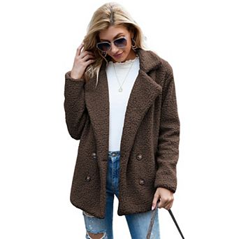 Womens Sherpa Lapel Fleece Jacket Long Sleeve Faux-Fur Coat Fuzzy Button Outwear with Pockets