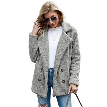 Womens Sherpa Lapel Fleece Jacket Long Sleeve Faux-Fur Coat Fuzzy Button Outwear with Pockets