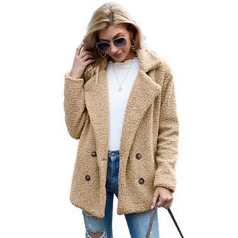 Womens Sherpa Lapel Fleece Jacket Long Sleeve Faux-Fur Coat Fuzzy Button Outwear with Pockets