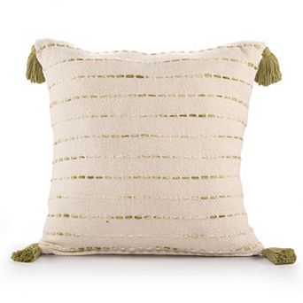 HomeRoots 20" Olive Green And Ivory Cotton Striped Throw Pillow with Tassels