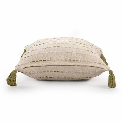 HomeRoots 20" Olive Green And Ivory Cotton Striped Throw Pillow with Tassels