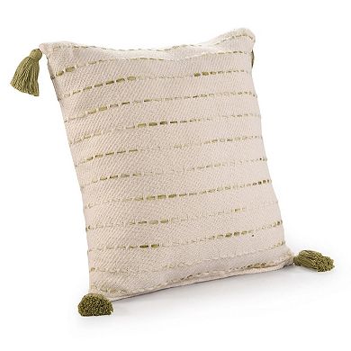 HomeRoots 20" Olive Green And Ivory Cotton Striped Throw Pillow with Tassels