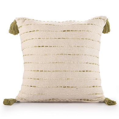 HomeRoots 20" Olive Green And Ivory Cotton Striped Throw Pillow with Tassels