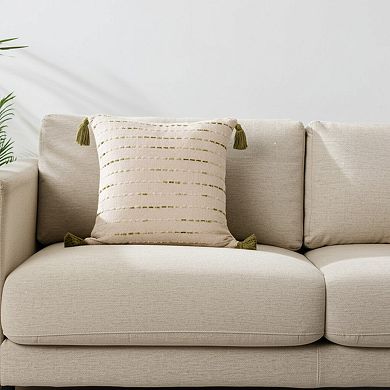 HomeRoots 20" Olive Green And Ivory Cotton Striped Throw Pillow with Tassels