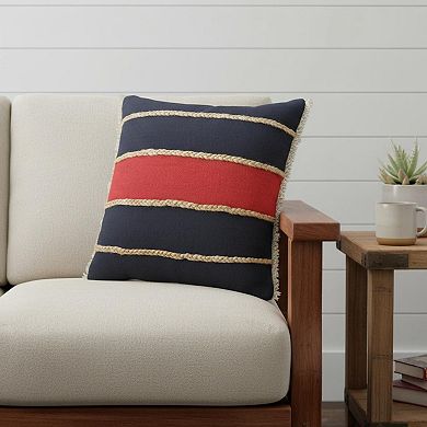 HomeRoots 20" X 20" Navy Red And Tan 100% Cotton Striped Zippered Pillow