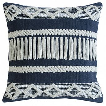 HomeRoots 20" X 20" Blue And Ivory 100% Cotton Geometric Zippered Pillow