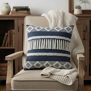 HomeRoots 20" X 20" Blue And Ivory 100% Cotton Geometric Zippered Pillow