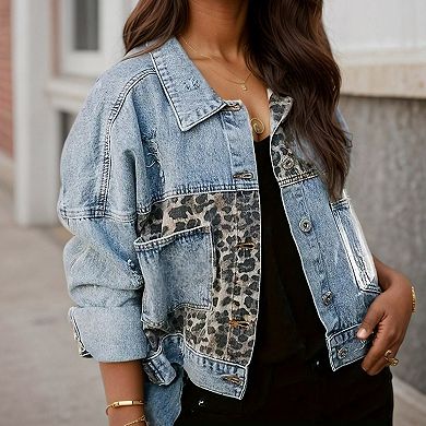 Womens Leopard Cropped Denim Jacket Long Sleeve Button Down Ripped Shacket Jean Coat