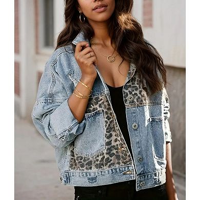 Womens Leopard Cropped Denim Jacket Long Sleeve Button Down Ripped Shacket Jean Coat