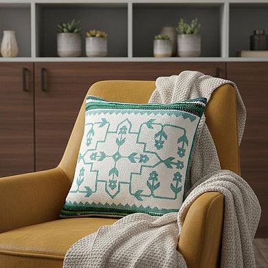 HomeRoots 20" X 20" Green White And Blue 100% Cotton Geometric Zippered Pillow