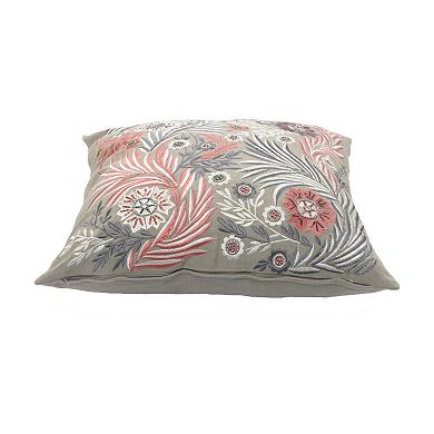 HomeRoots 20" X 20" Gray Adn Pink 100% Cotton Floral Zippered Pillow
