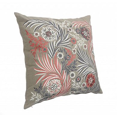 HomeRoots 20" X 20" Gray Adn Pink 100% Cotton Floral Zippered Pillow