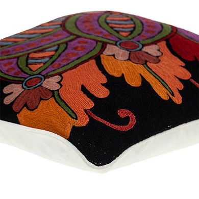 HomeRoots 20" Black and Orange Cotton Throw Pillow With Embroidery