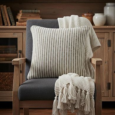 HomeRoots 22" X 22" Beige And Cream 100% Cotton Striped Zippered Pillow