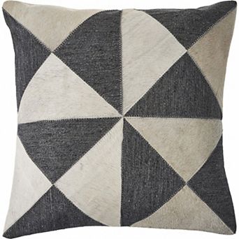 HomeRoots 20" Charcoal and Ivory Geometric Wool And Faux Leather Throw Pillow