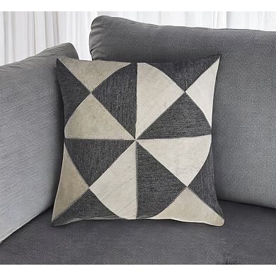 HomeRoots 20" Charcoal and Ivory Geometric Wool And Faux Leather Throw Pillow