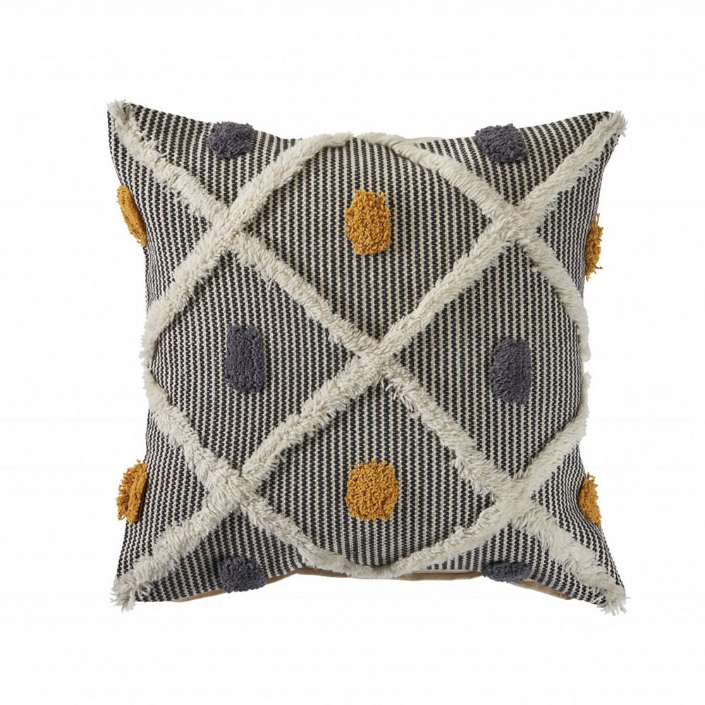 HomeRoots 20" Gray Ivory and Yellow Striped Cotton Throw Pillow With ...