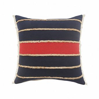 HomeRoots 24" X 24" Navy Red And Tan 100% Cotton Striped Zippered Pillow