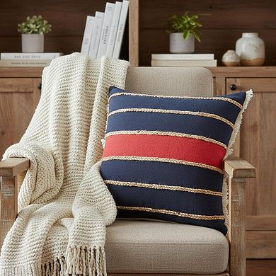 HomeRoots 24" X 24" Navy Red And Tan 100% Cotton Striped Zippered Pillow