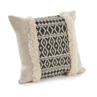 HomeRoots 18" X 18" Tan and Black Geometric Cotton Zippered Pillow With Shag