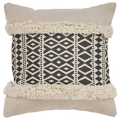 HomeRoots 18" X 18" Tan and Black Geometric Cotton Zippered Pillow With Shag