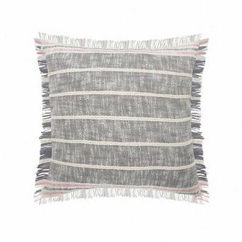 HomeRoots 20" X 20" Gray White And Pink 100% Cotton Striped Zippered Pillow