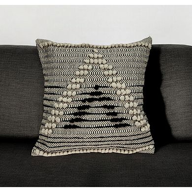 HomeRoots 18" Beige and Black Cotton Throw Pillow With Embroidery