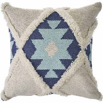 HomeRoots 20" X 20" Blue And Cream 100% Cotton Geometric Zippered Pillow