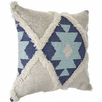 HomeRoots 20" X 20" Blue And Cream 100% Cotton Geometric Zippered Pillow